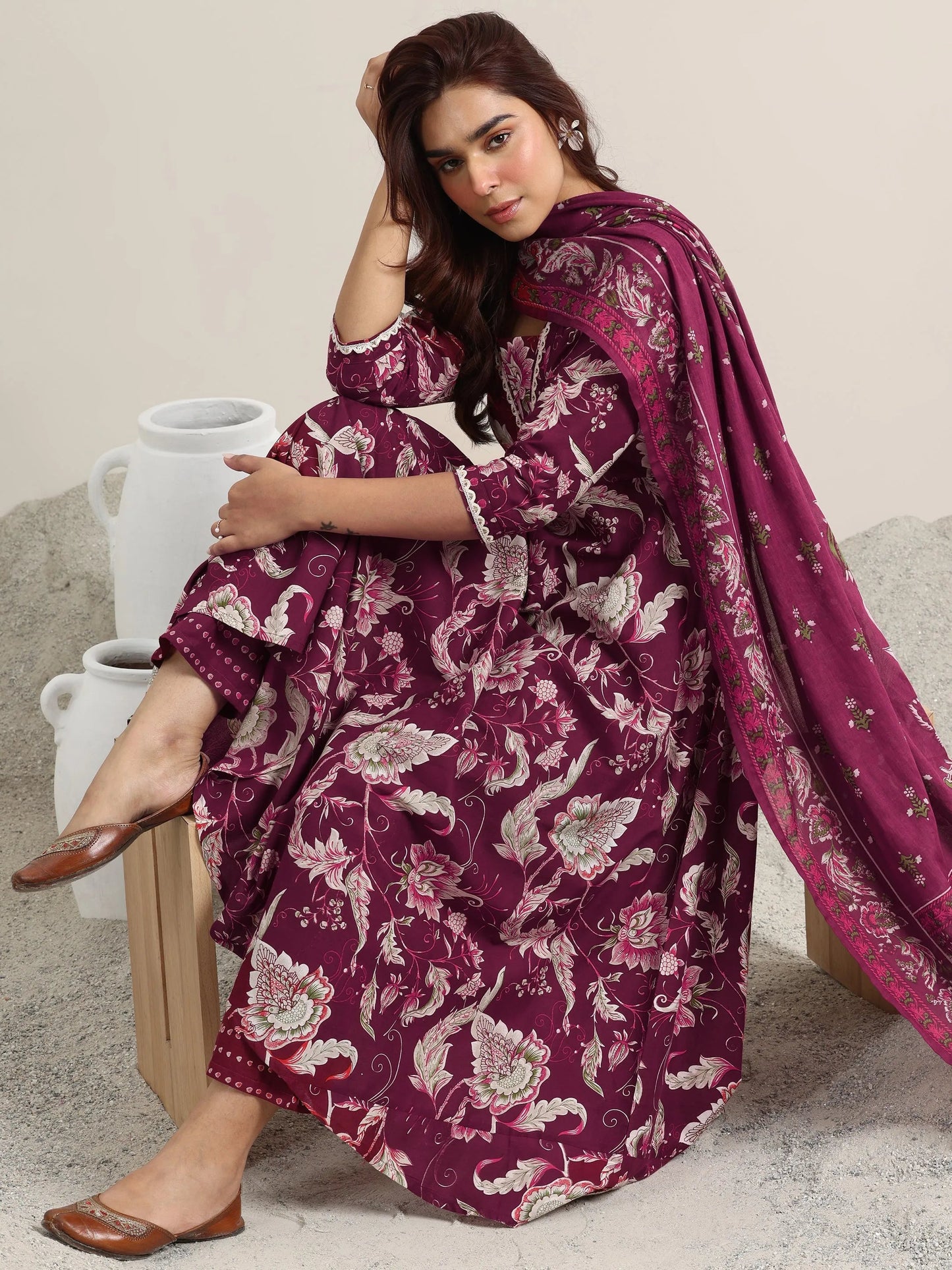 Burgundy Printed Cotton Anarkali Suit With Dupatta