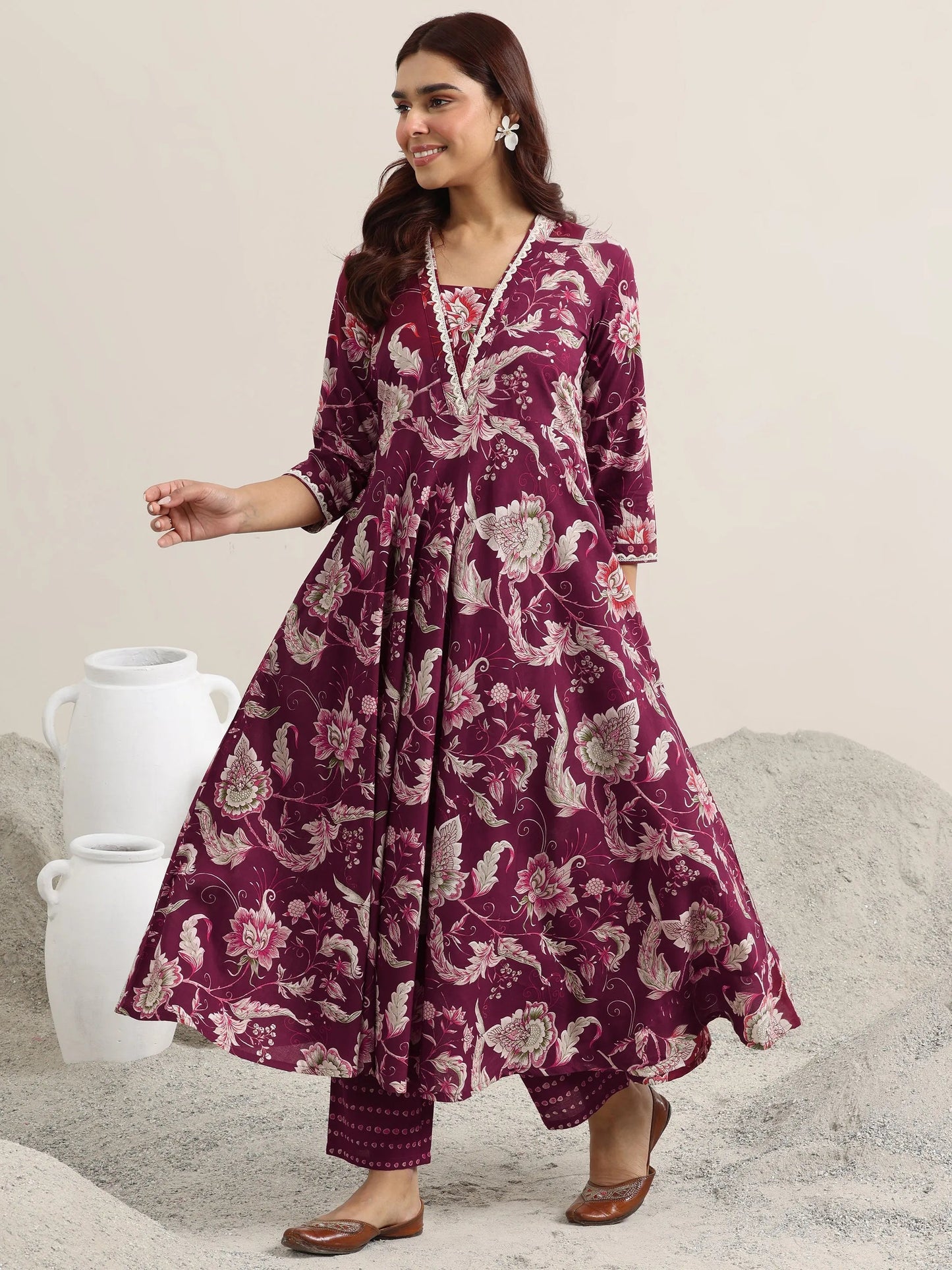 Burgundy Printed Cotton Anarkali Suit With Dupatta