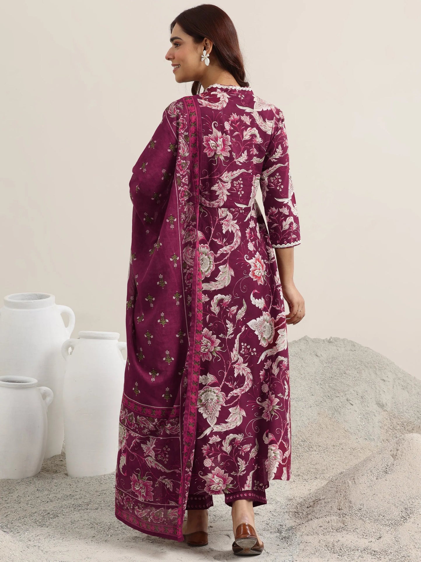 Burgundy Printed Cotton Anarkali Suit With Dupatta