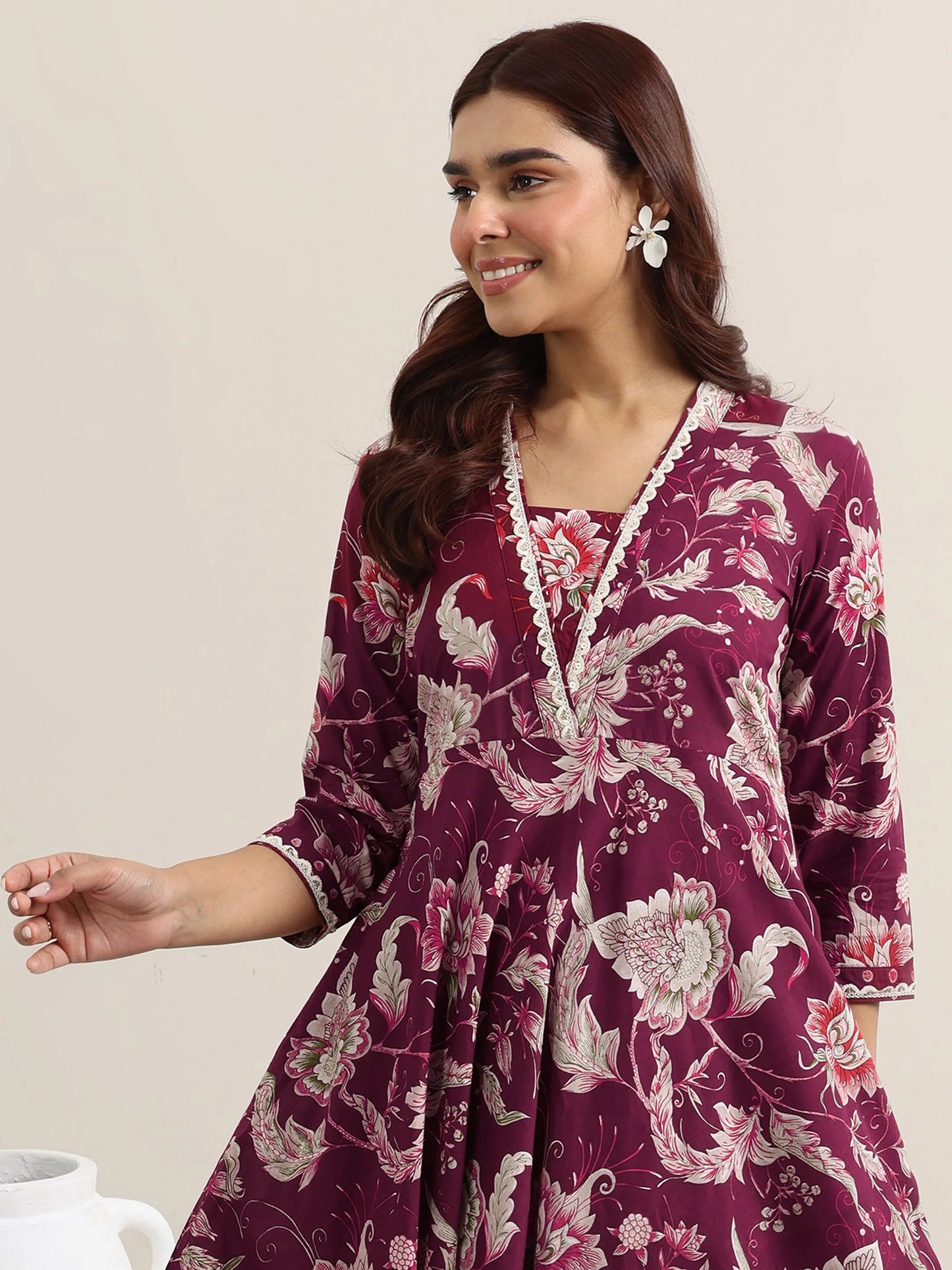 Burgundy Printed Cotton Anarkali Suit With Dupatta