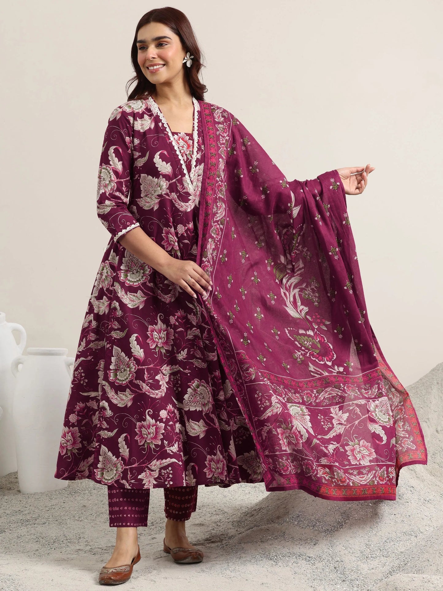 Burgundy Printed Cotton Anarkali Suit With Dupatta
