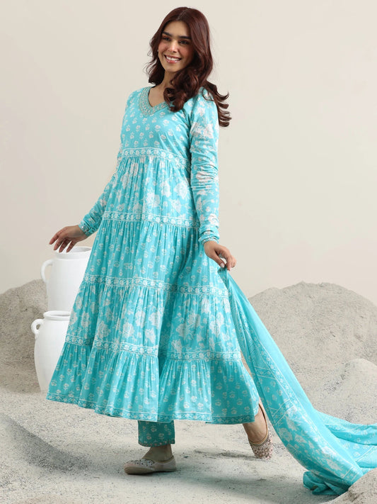 Blue Printed Cotton Anarkali Suit With Dupatta