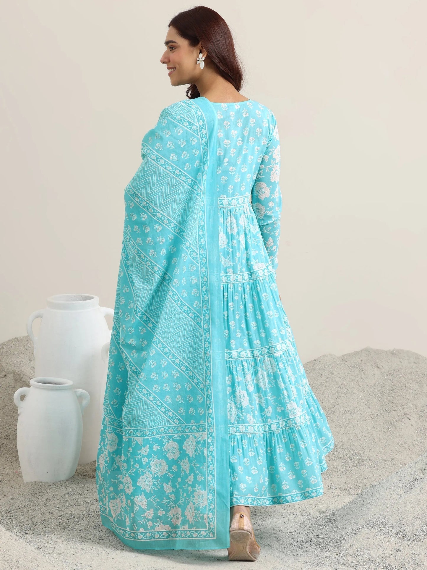 Blue Printed Cotton Anarkali Suit With Dupatta