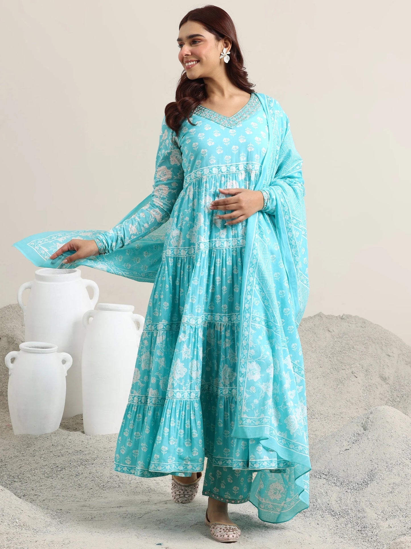 Blue Printed Cotton Anarkali Suit With Dupatta