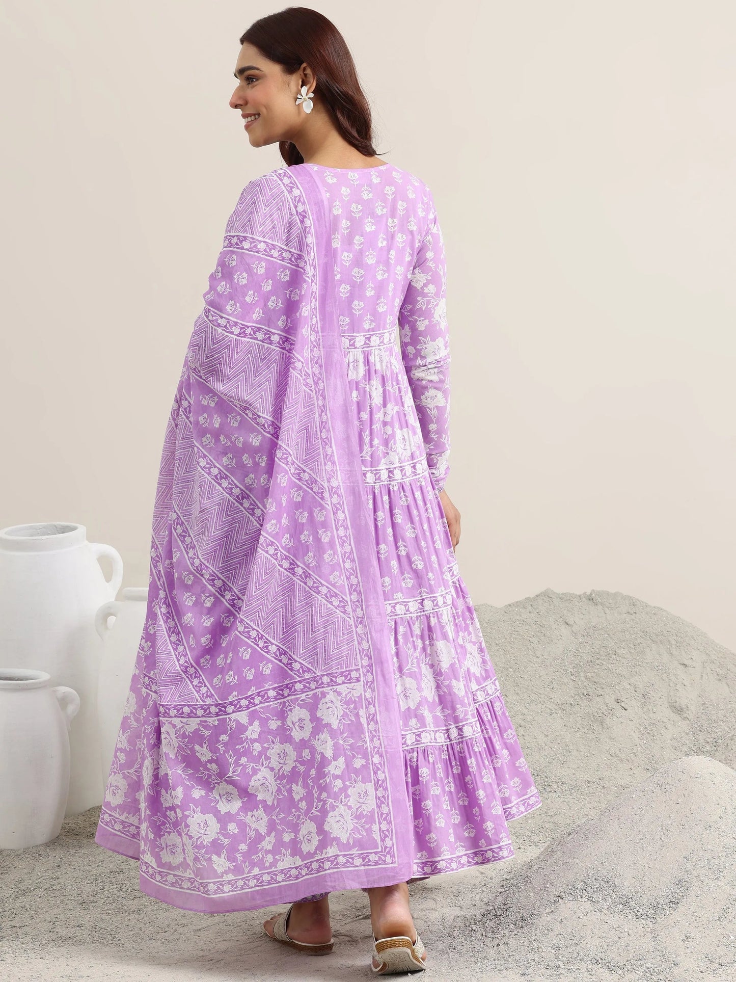 Lavender Printed Cotton Anarkali Suit With Dupatta