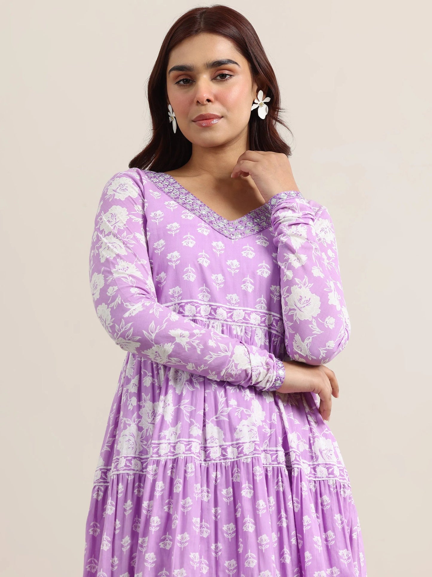 Lavender Printed Cotton Anarkali Suit With Dupatta