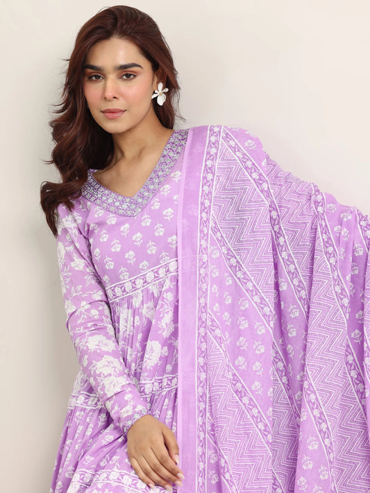 Lavender Printed Cotton Anarkali Suit With Dupatta