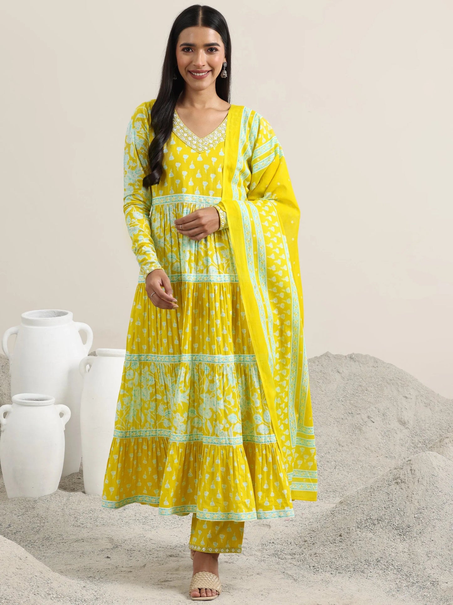 Yellow Printed Cotton Anarkali Suit With Dupatta