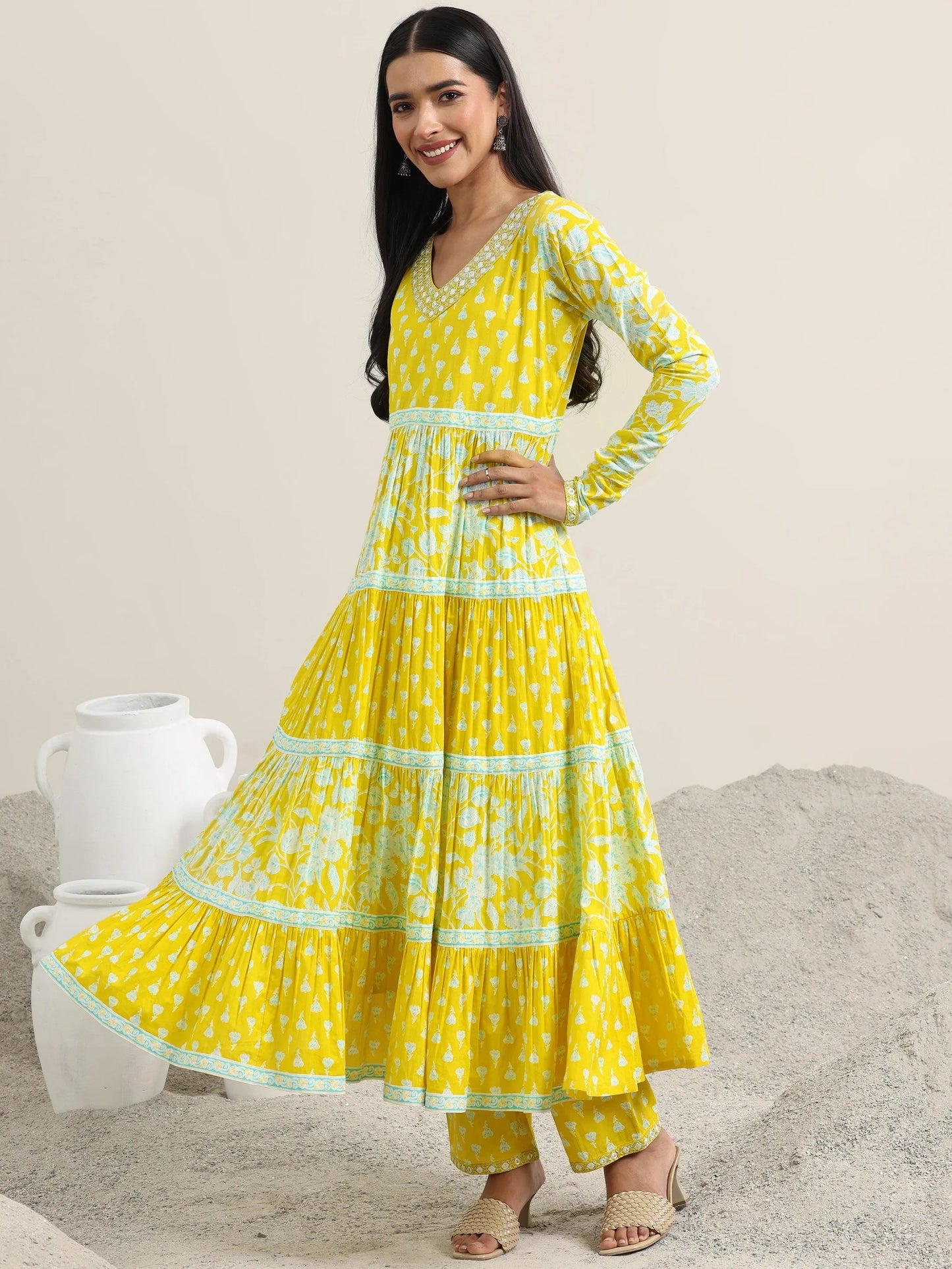 Yellow Printed Cotton Anarkali Suit With Dupatta