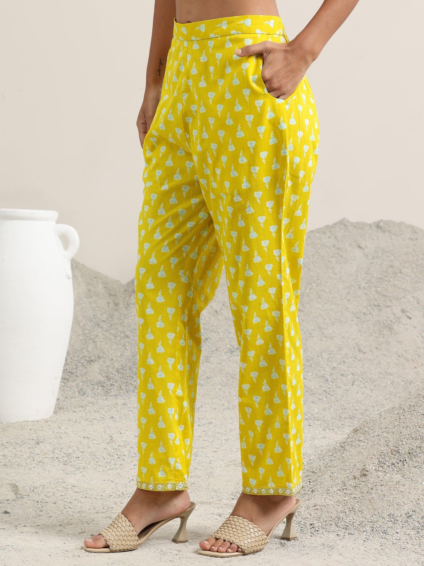 Yellow Printed Cotton Anarkali Suit With Dupatta