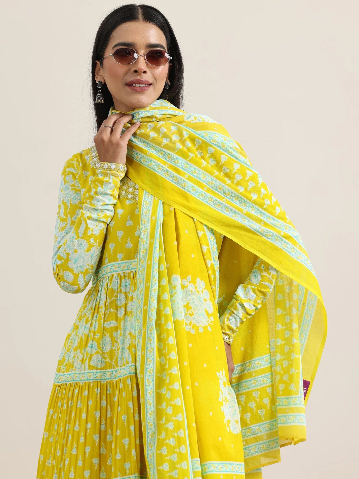 Yellow Printed Cotton Anarkali Suit With Dupatta