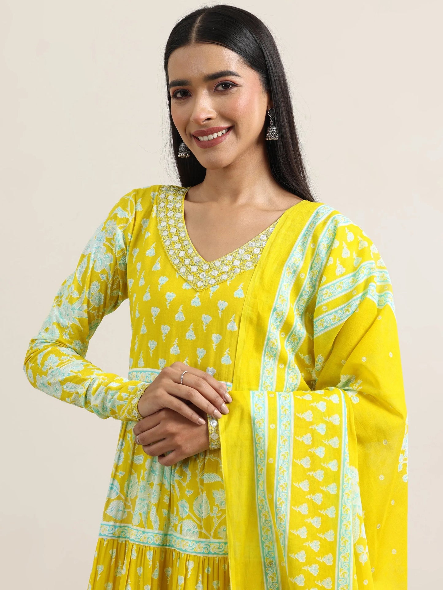 Yellow Printed Cotton Anarkali Suit With Dupatta