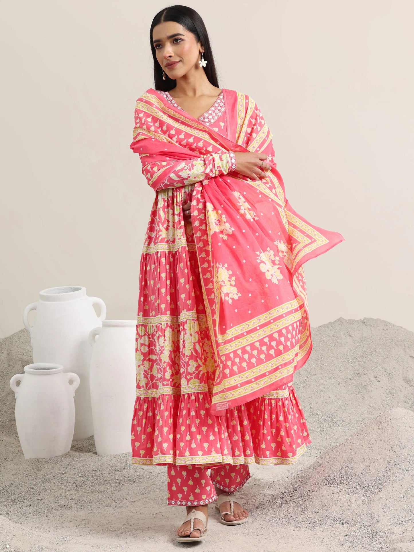 Peach Printed Cotton Anarkali Suit With Dupatta
