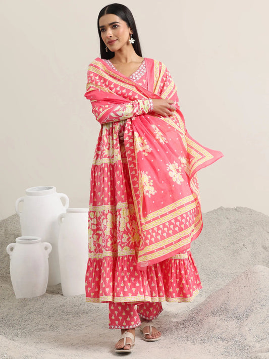 Peach Printed Cotton Anarkali Suit With Dupatta