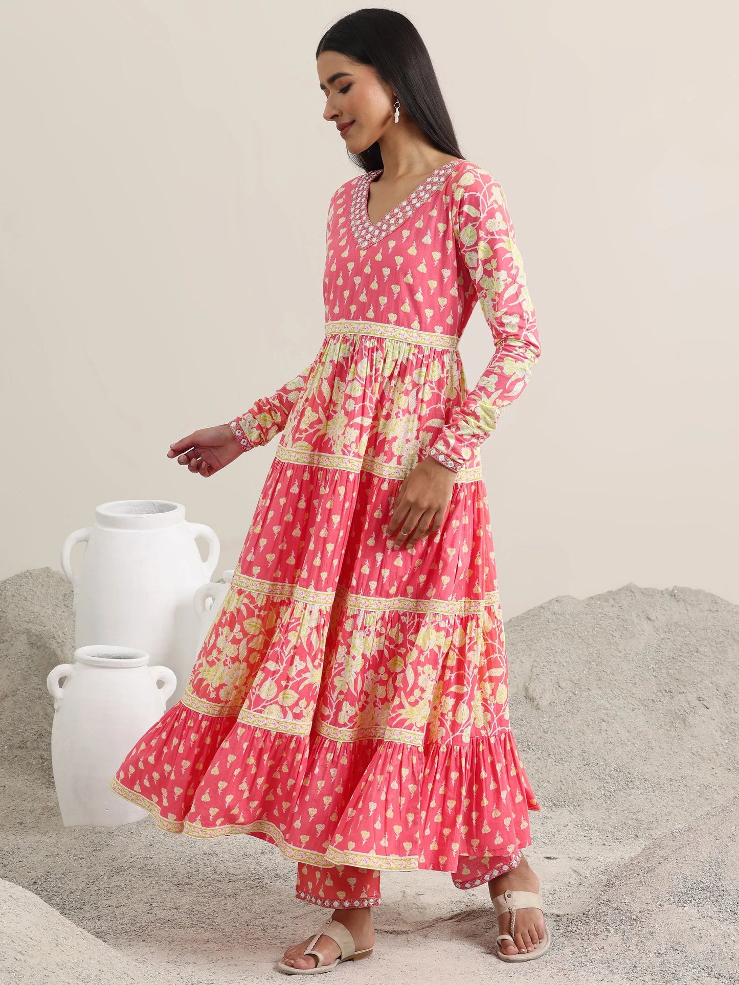 Peach Printed Cotton Anarkali Suit With Dupatta