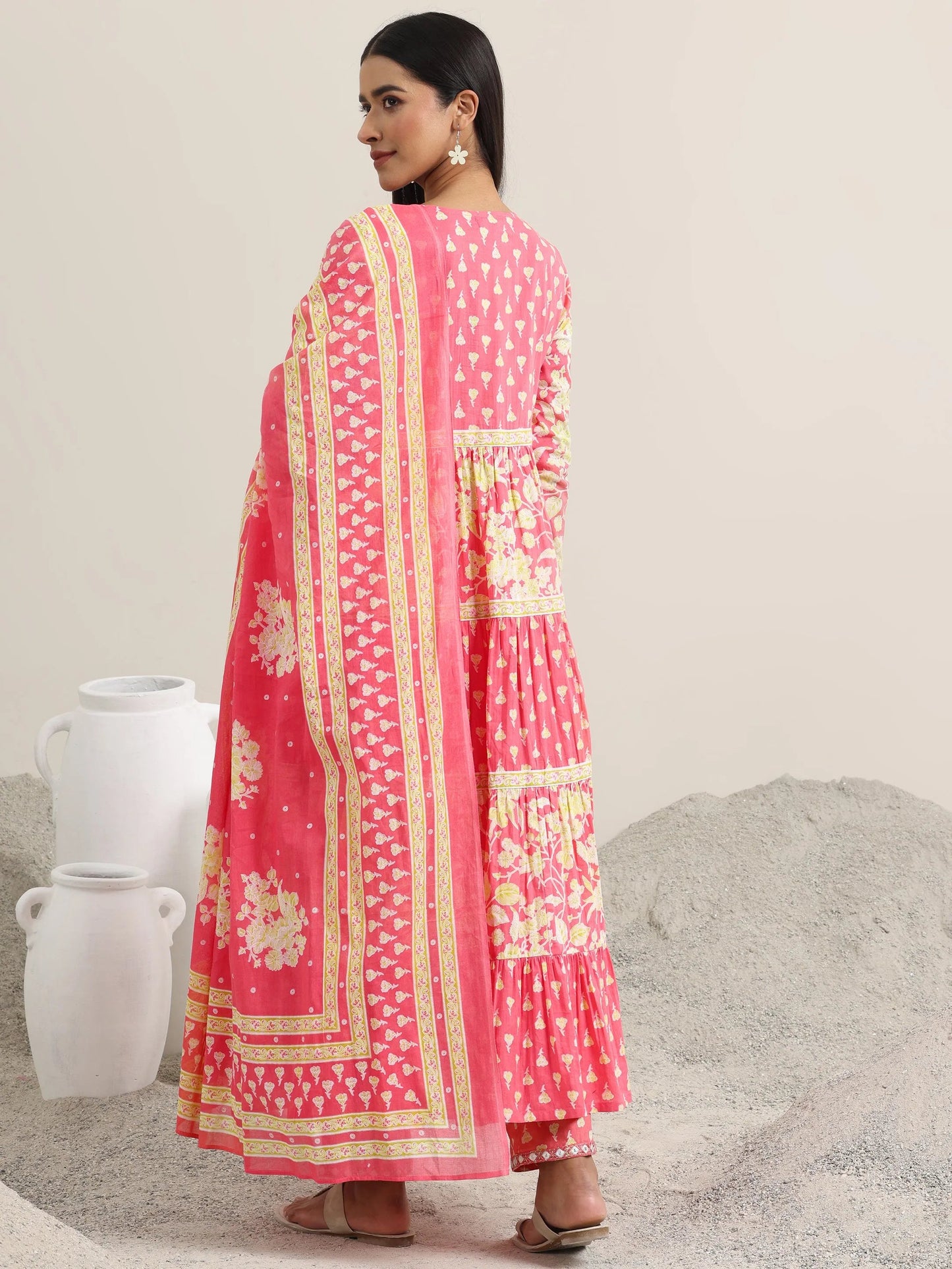 Peach Printed Cotton Anarkali Suit With Dupatta