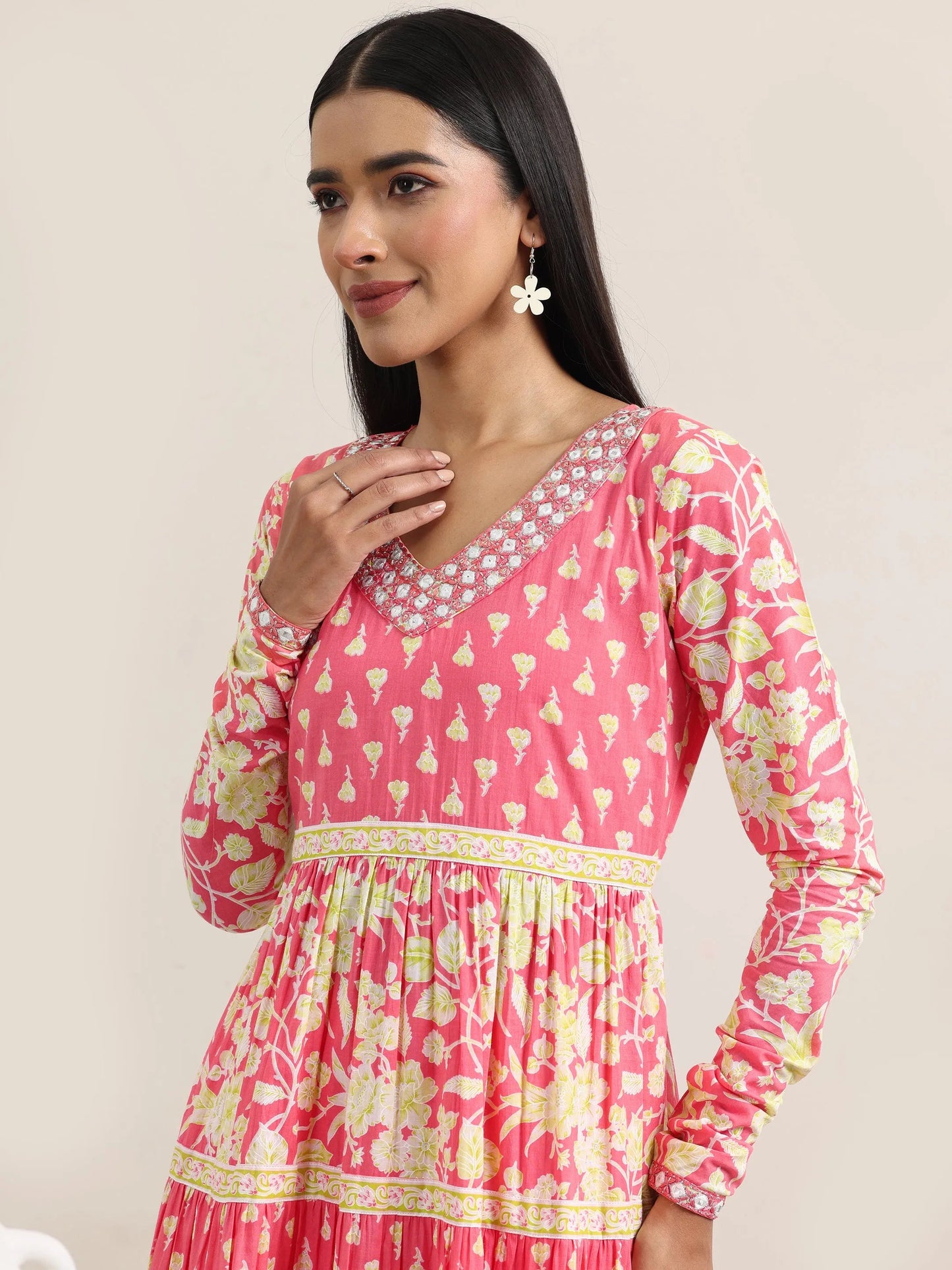 Peach Printed Cotton Anarkali Suit With Dupatta