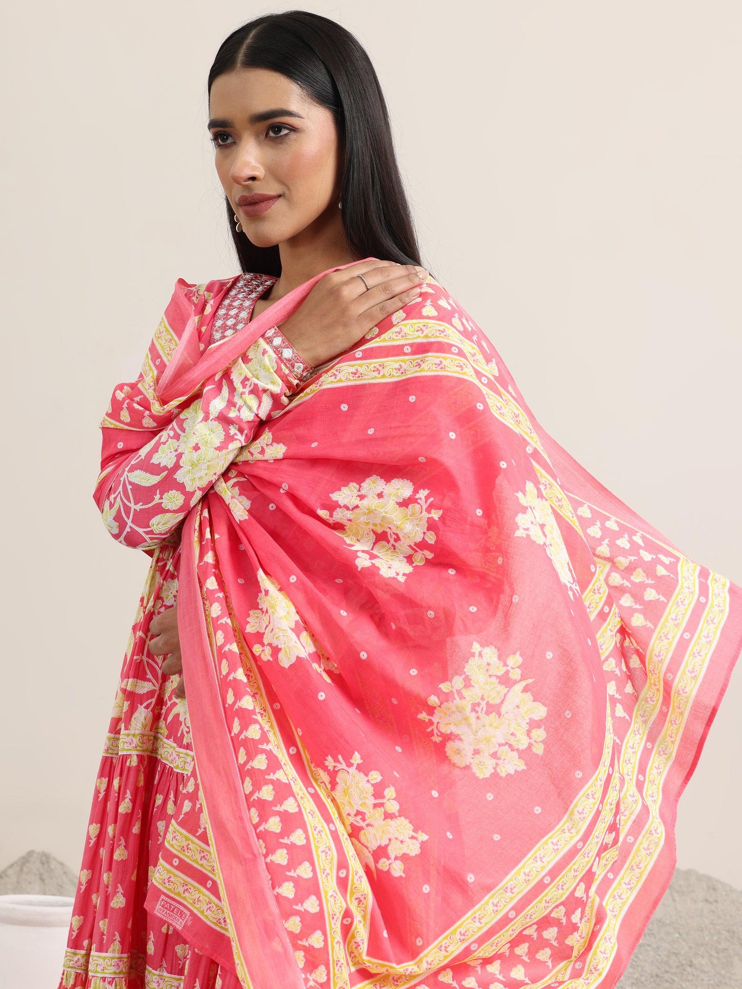 Peach Printed Cotton Anarkali Suit With Dupatta