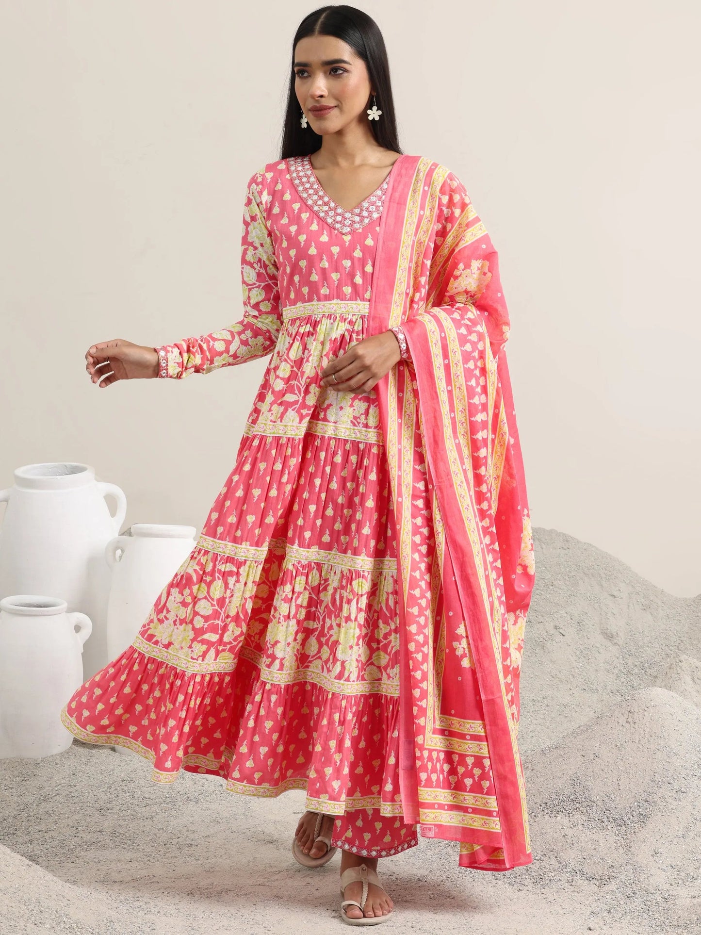 Peach Printed Cotton Anarkali Suit With Dupatta