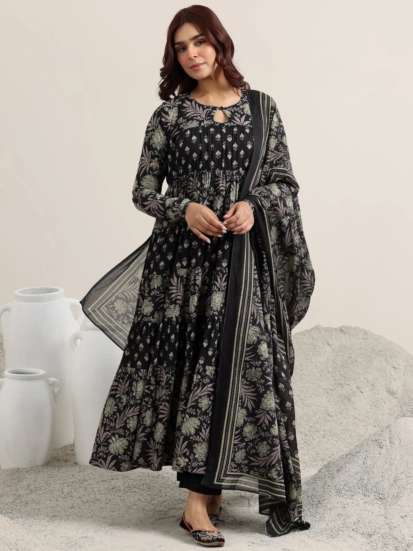 Black Printed Cotton Anarkali Suit With Dupatta