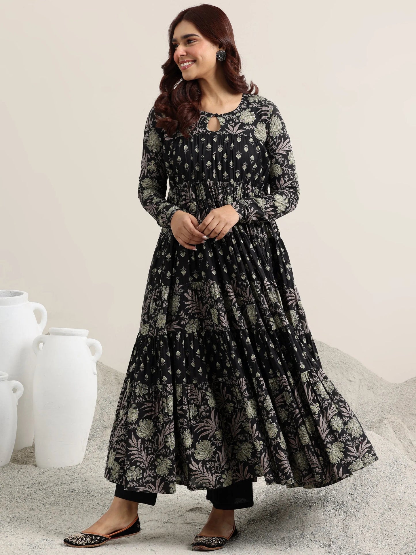 Black Printed Cotton Anarkali Suit With Dupatta