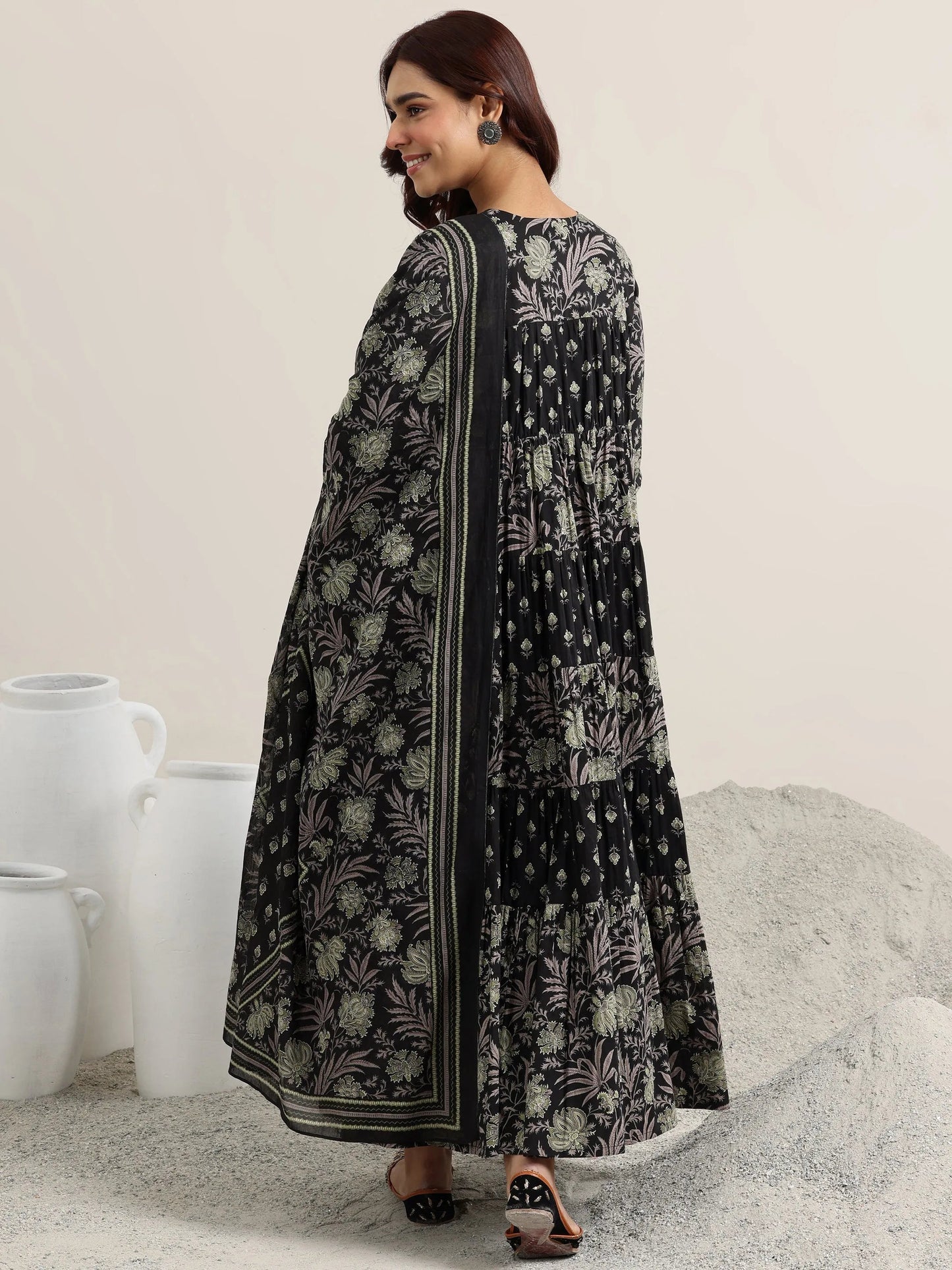 Black Printed Cotton Anarkali Suit With Dupatta