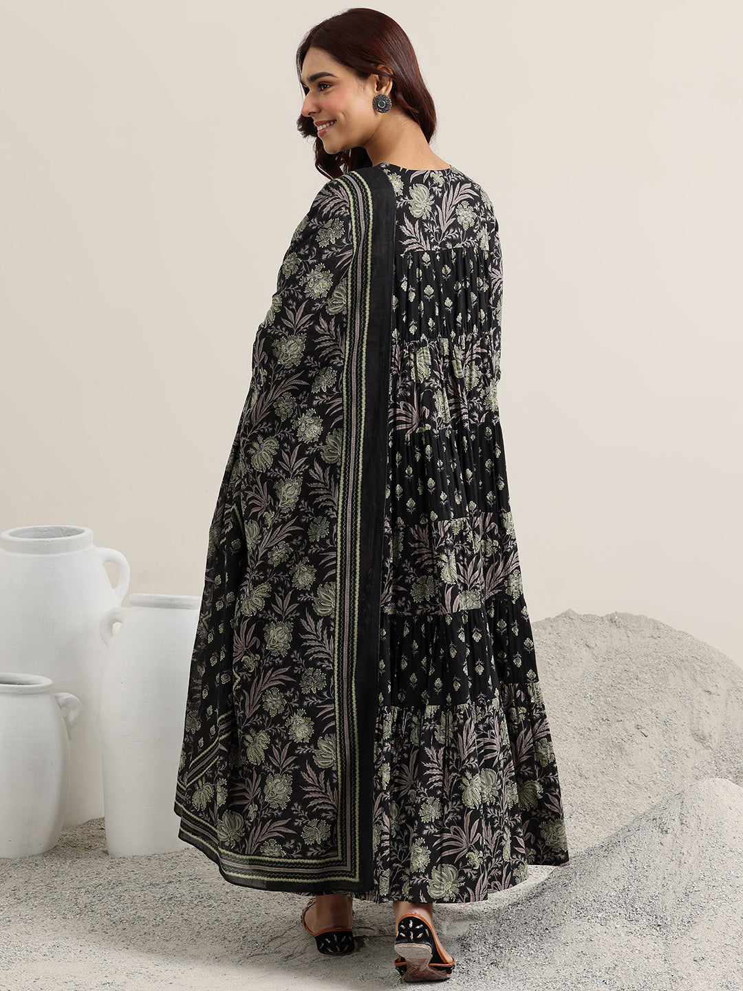 Black Printed Cotton Anarkali Suit With Dupatta