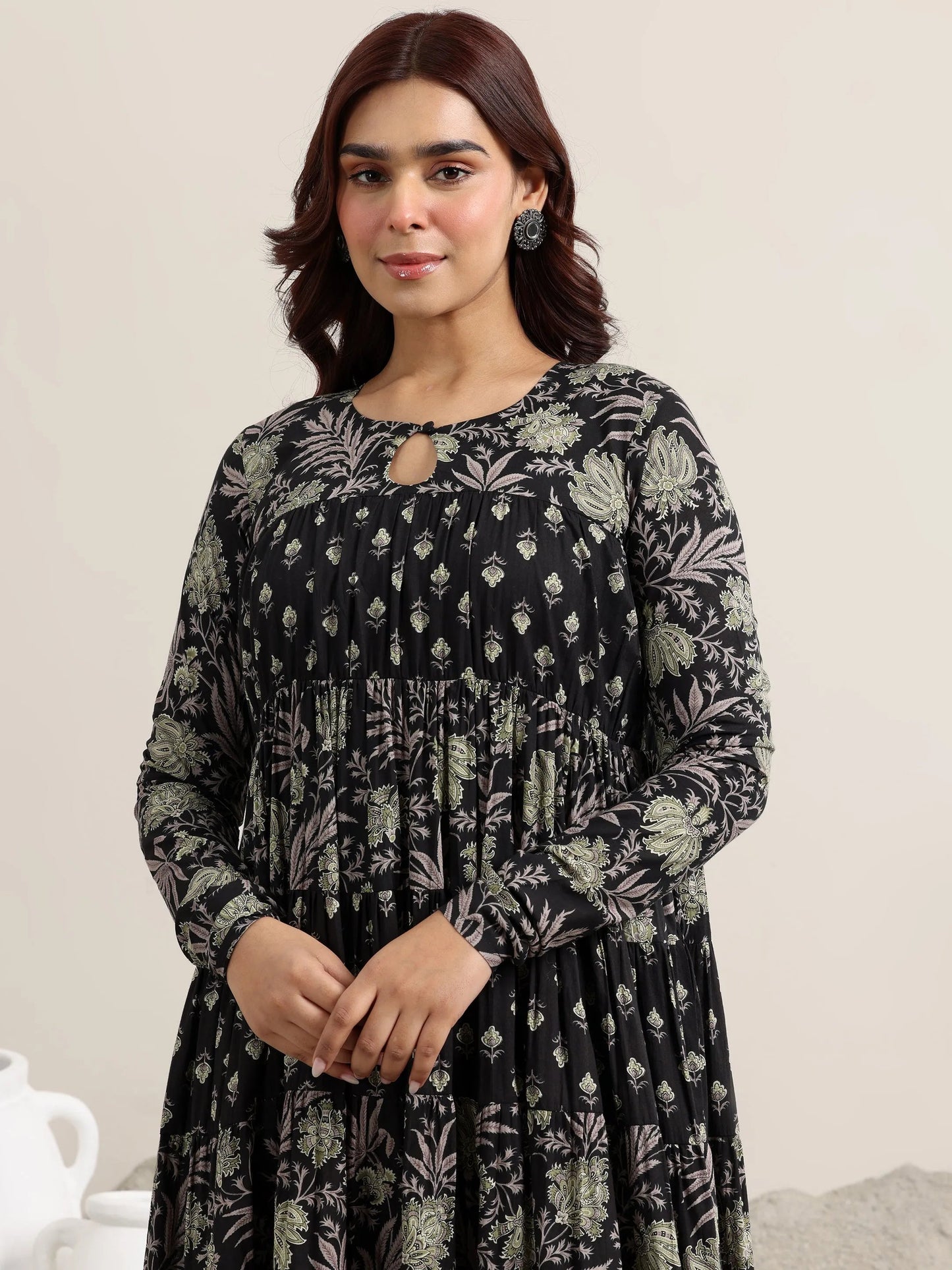 Black Printed Cotton Anarkali Suit With Dupatta