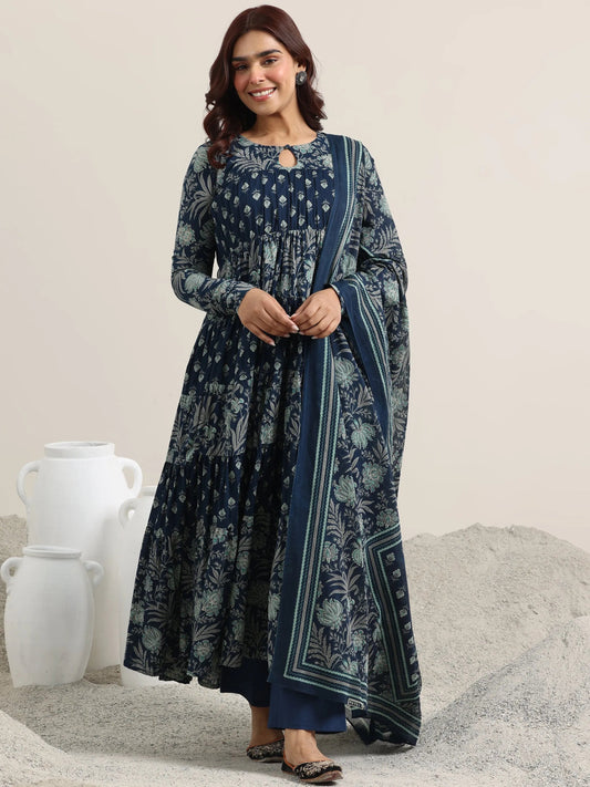 Blue Printed Cotton Anarkali Suit With Dupatta