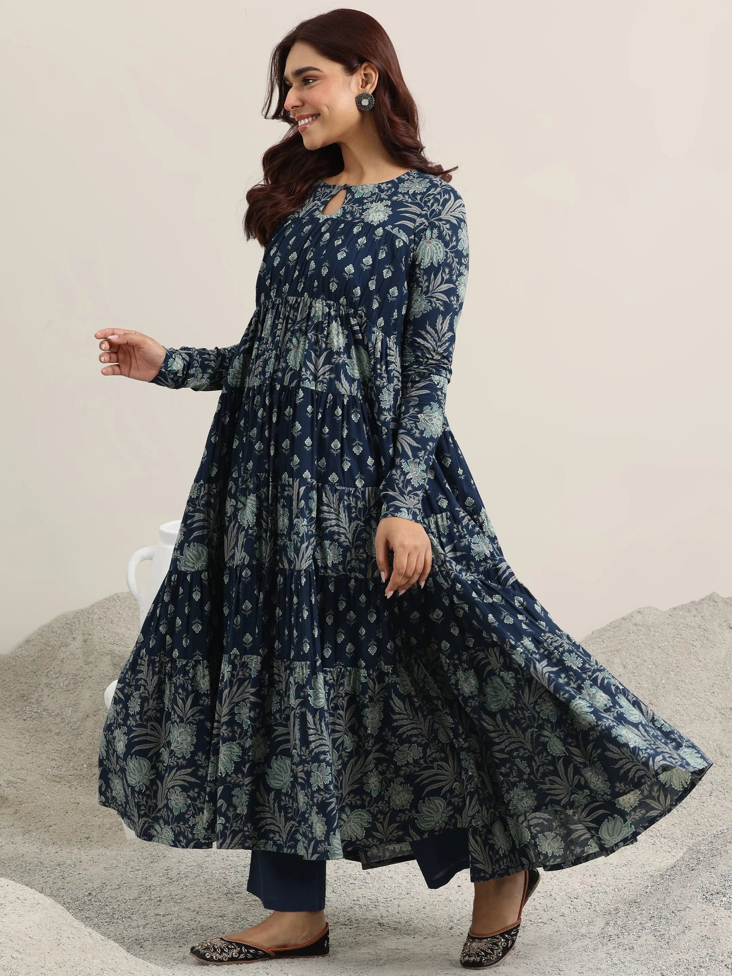 Blue Printed Cotton Anarkali Suit With Dupatta