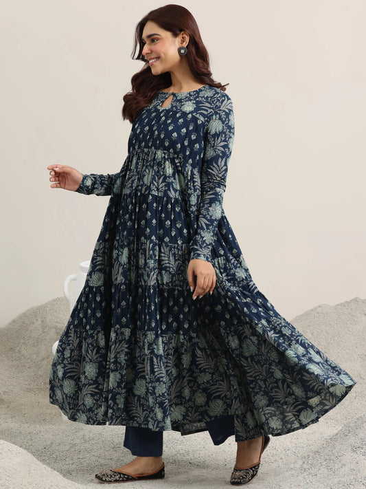 Blue Printed Cotton Anarkali Suit With Dupatta