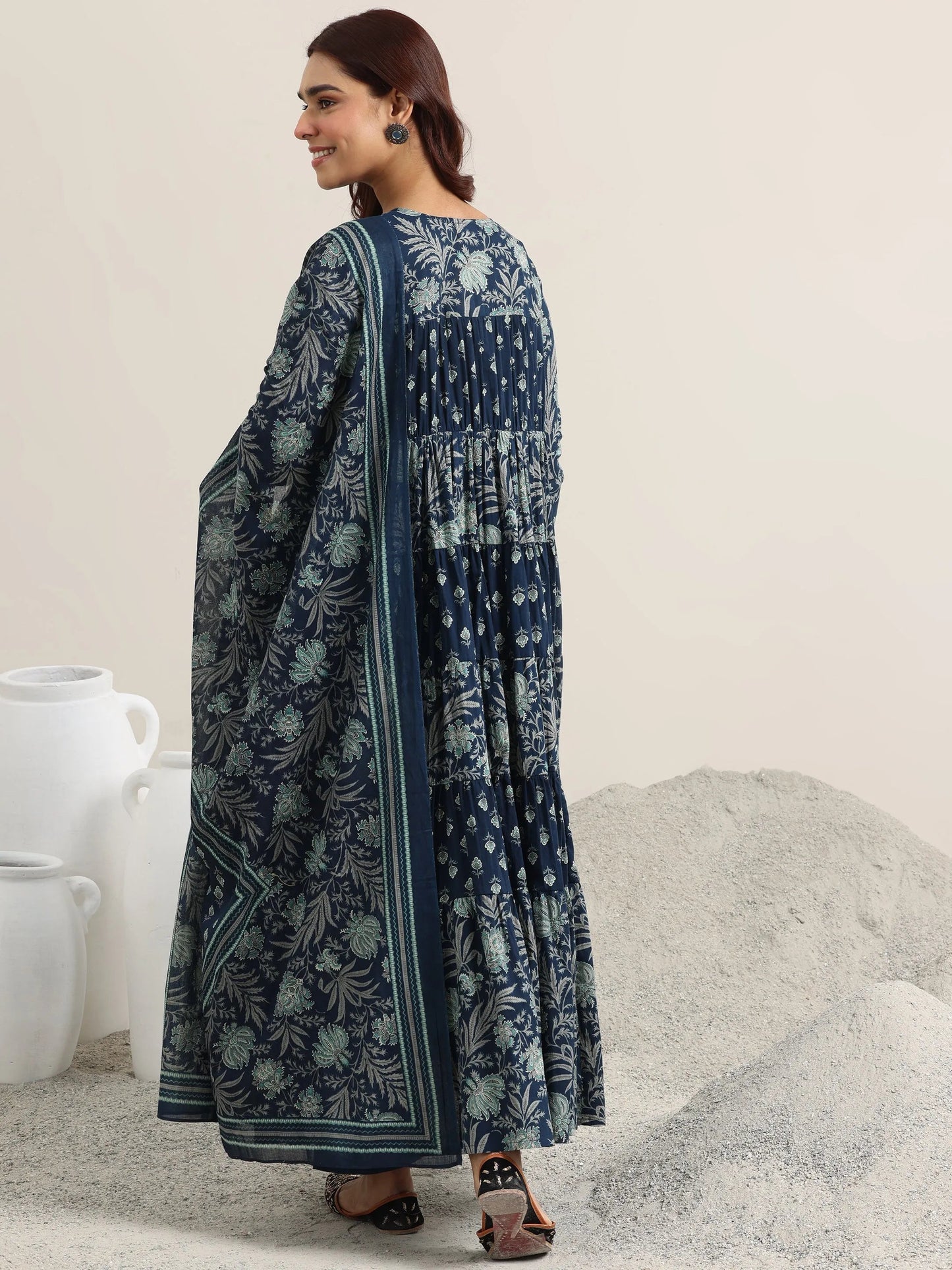 Blue Printed Cotton Anarkali Suit With Dupatta