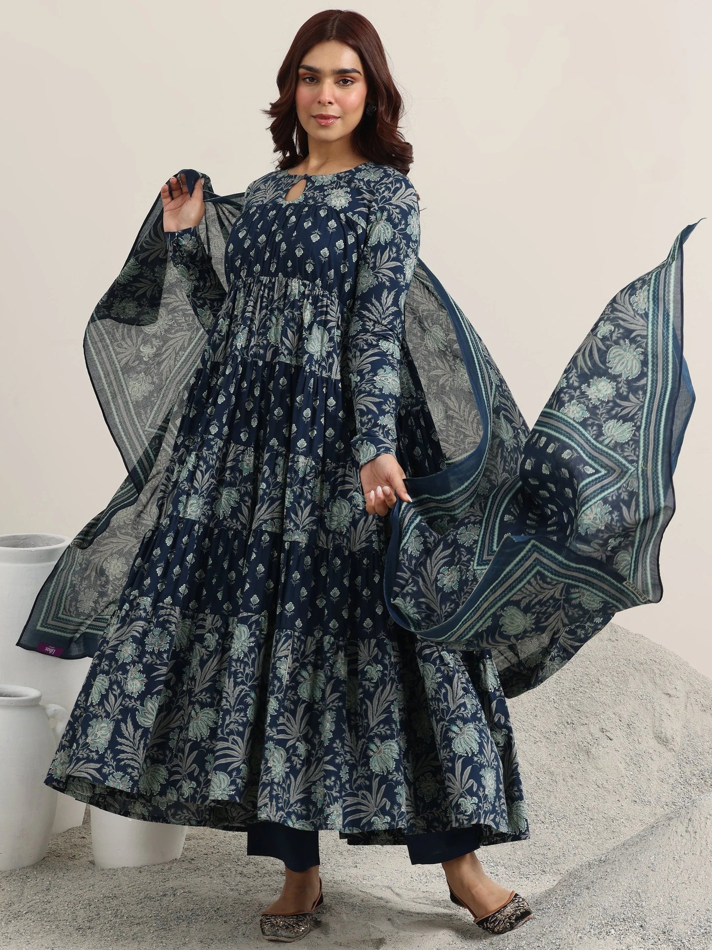 Blue Printed Cotton Anarkali Suit With Dupatta