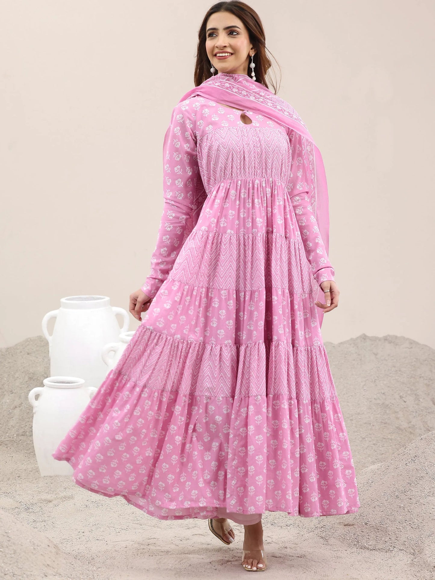Pink Printed Cotton Anarkali Suit With Dupatta
