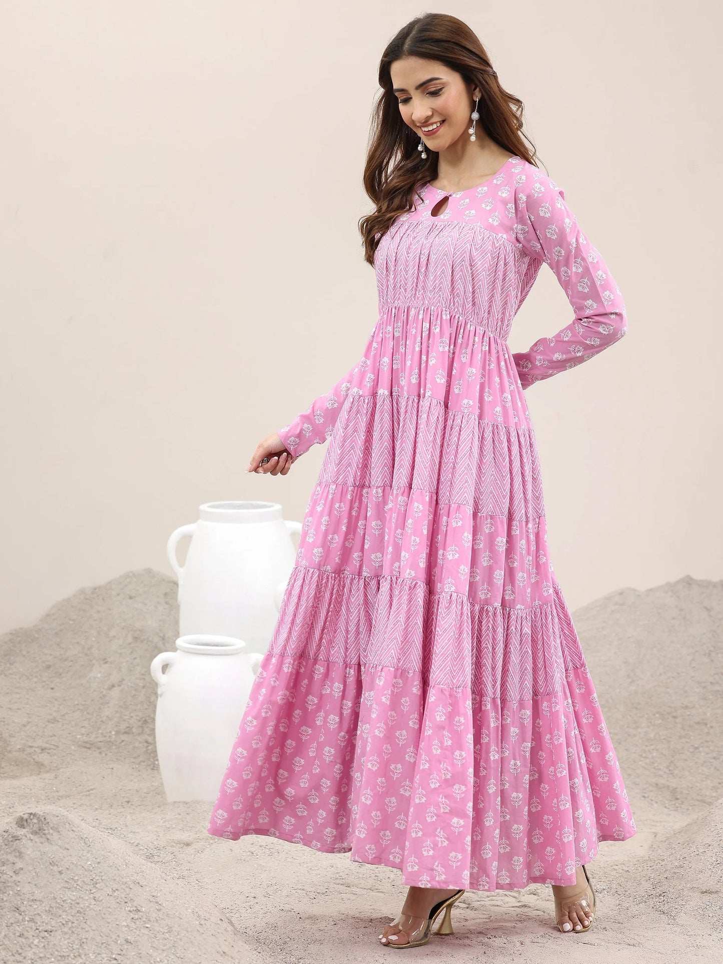 Pink Printed Cotton Anarkali Suit With Dupatta