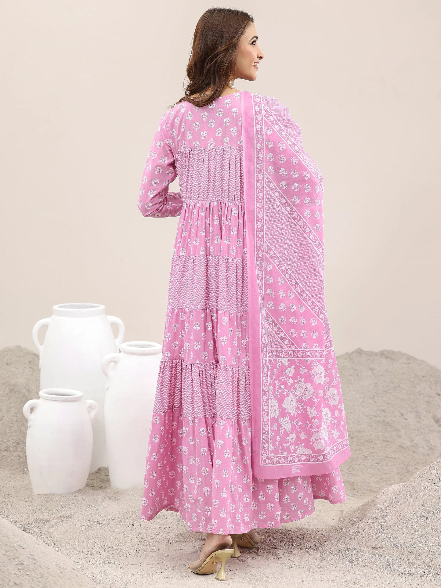 Pink Printed Cotton Anarkali Suit With Dupatta