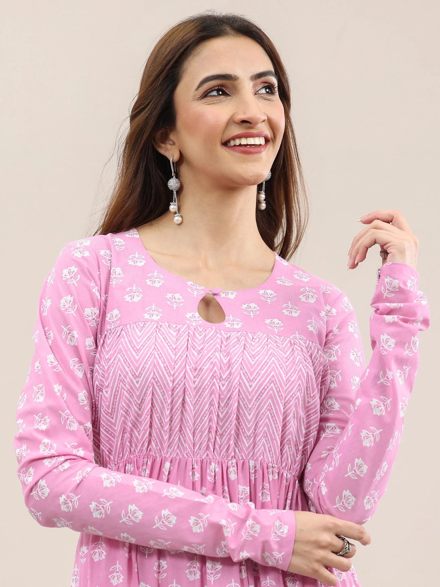Pink Printed Cotton Anarkali Suit With Dupatta