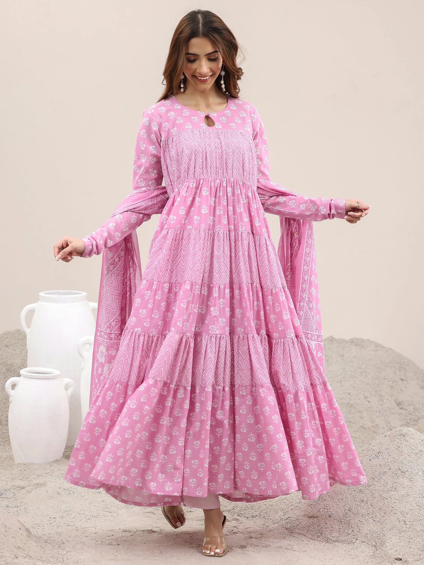 Pink Printed Cotton Anarkali Suit With Dupatta