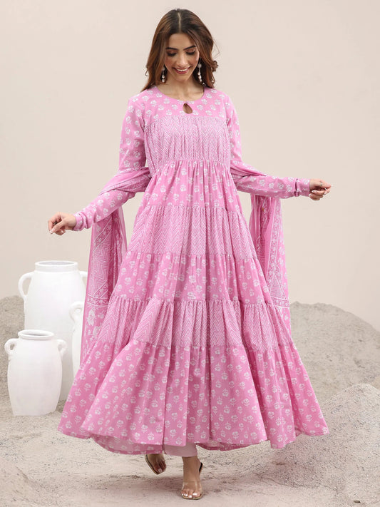 Pink Printed Cotton Anarkali Suit With Dupatta