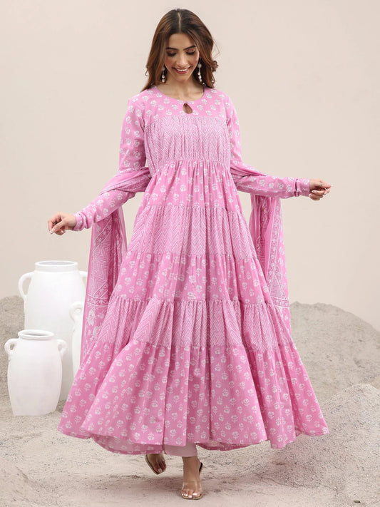 Pink Printed Cotton Anarkali Suit With Dupatta
