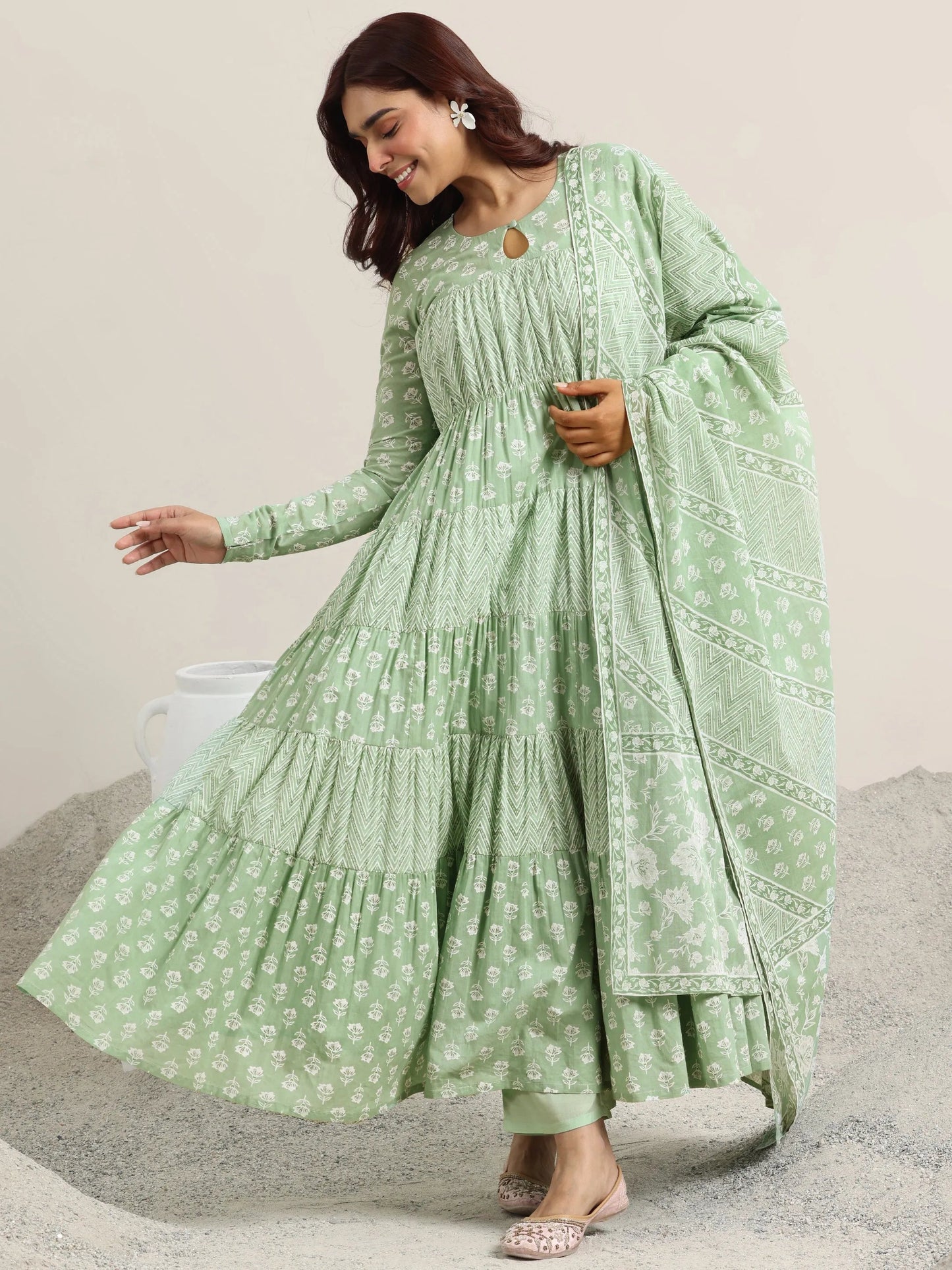 Green Printed Cotton Anarkali Suit With Dupatta
