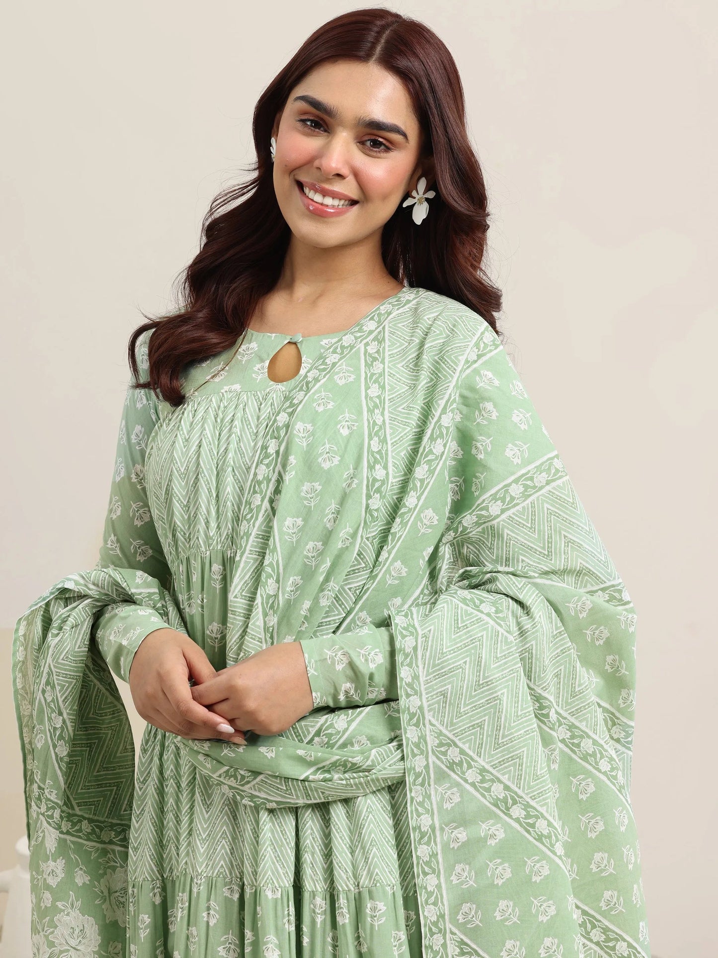 Green Printed Cotton Anarkali Suit With Dupatta