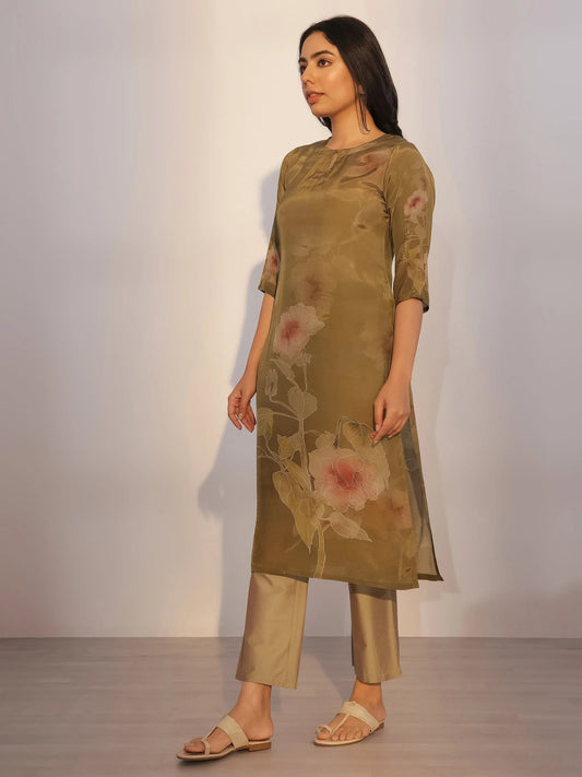 Olive Printed Silk Blend Straight Suit With Dupatta