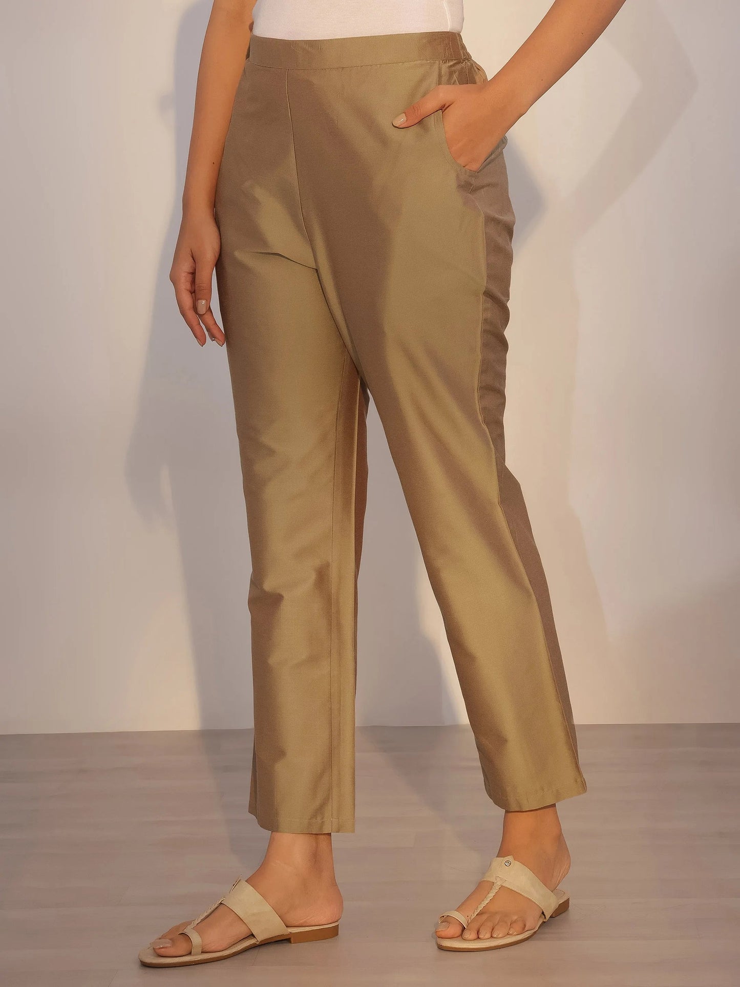 Olive Printed Silk Blend Straight Suit With Dupatta