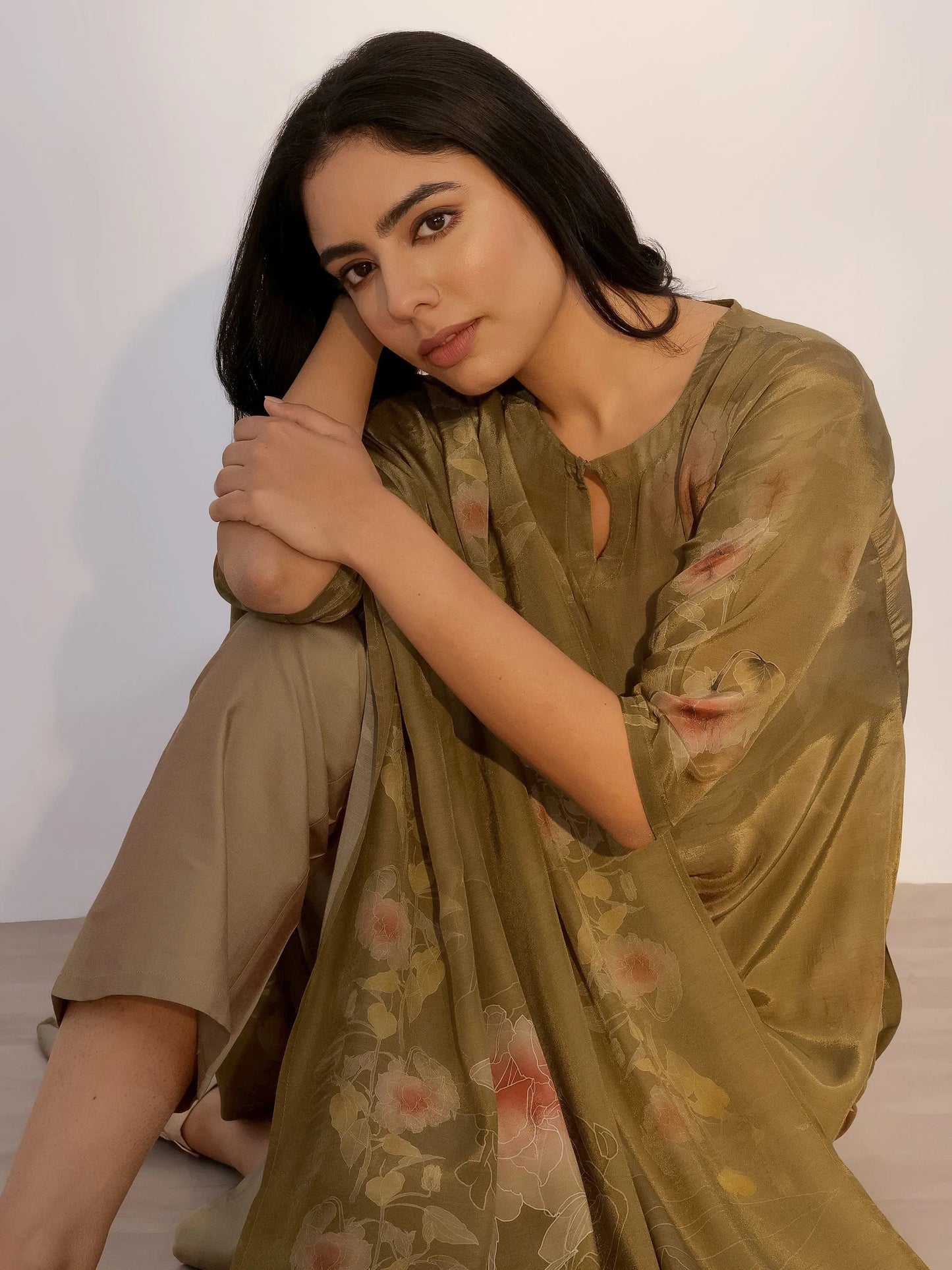 Olive Printed Silk Blend Straight Suit With Dupatta