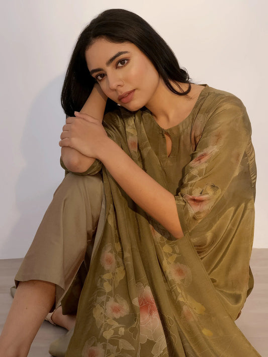 Olive Printed Silk Blend Straight Suit With Dupatta