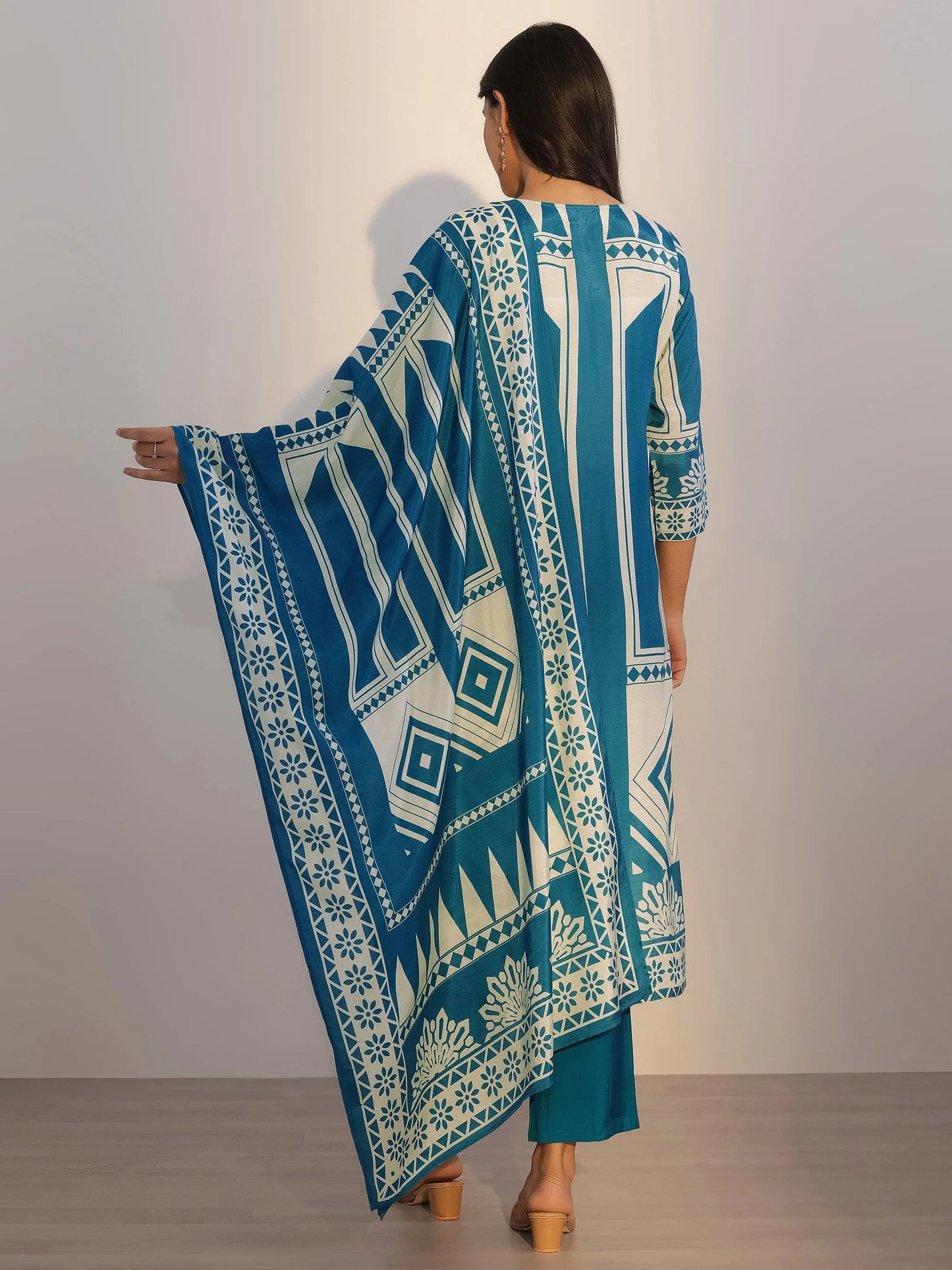 Teal Printed Silk Blend Straight Suit With Dupatta
