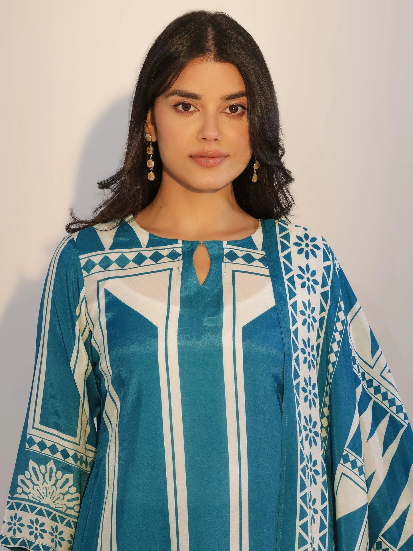 Teal Printed Silk Blend Straight Suit With Dupatta