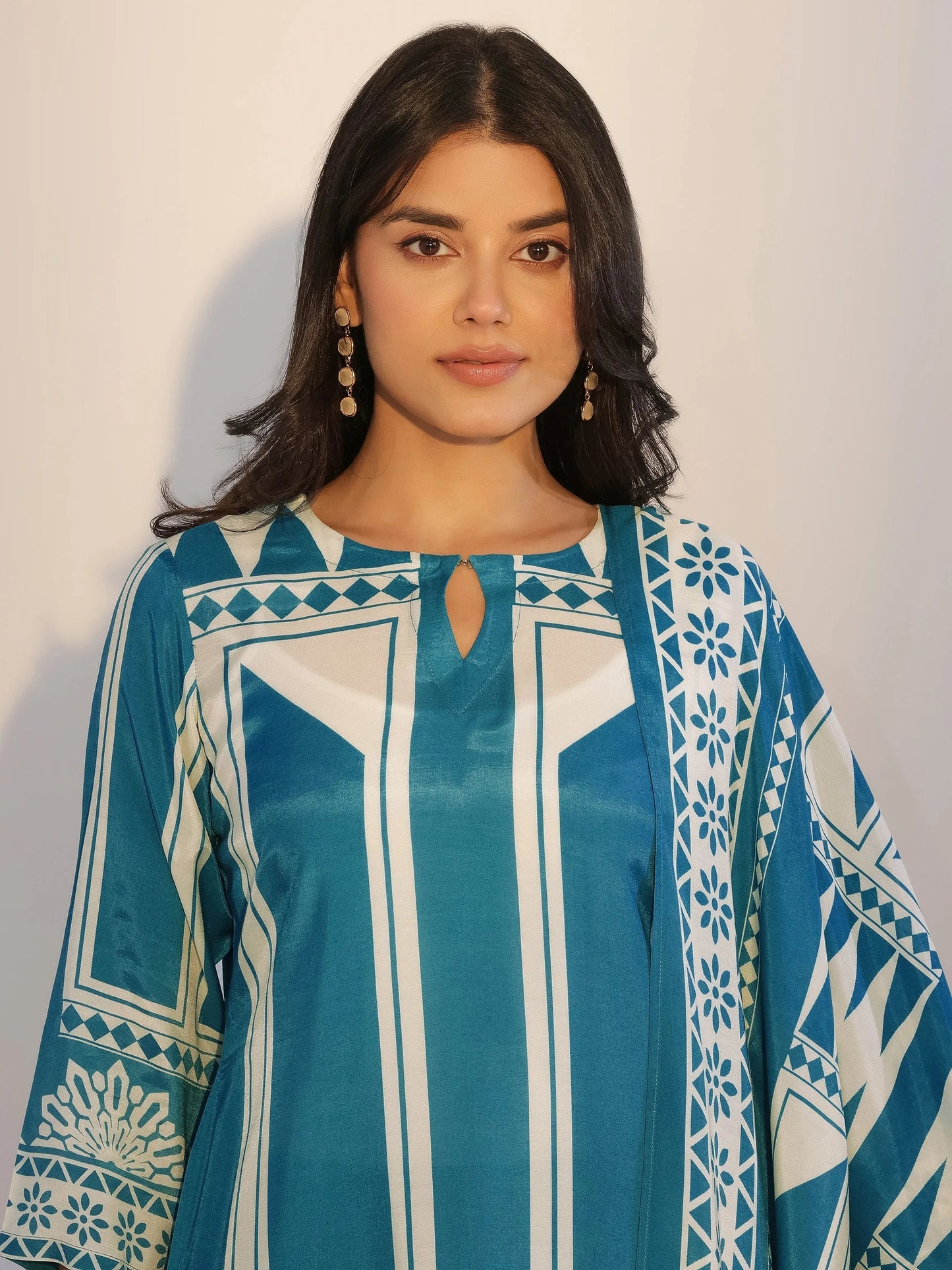 Teal Printed Silk Blend Straight Suit With Dupatta