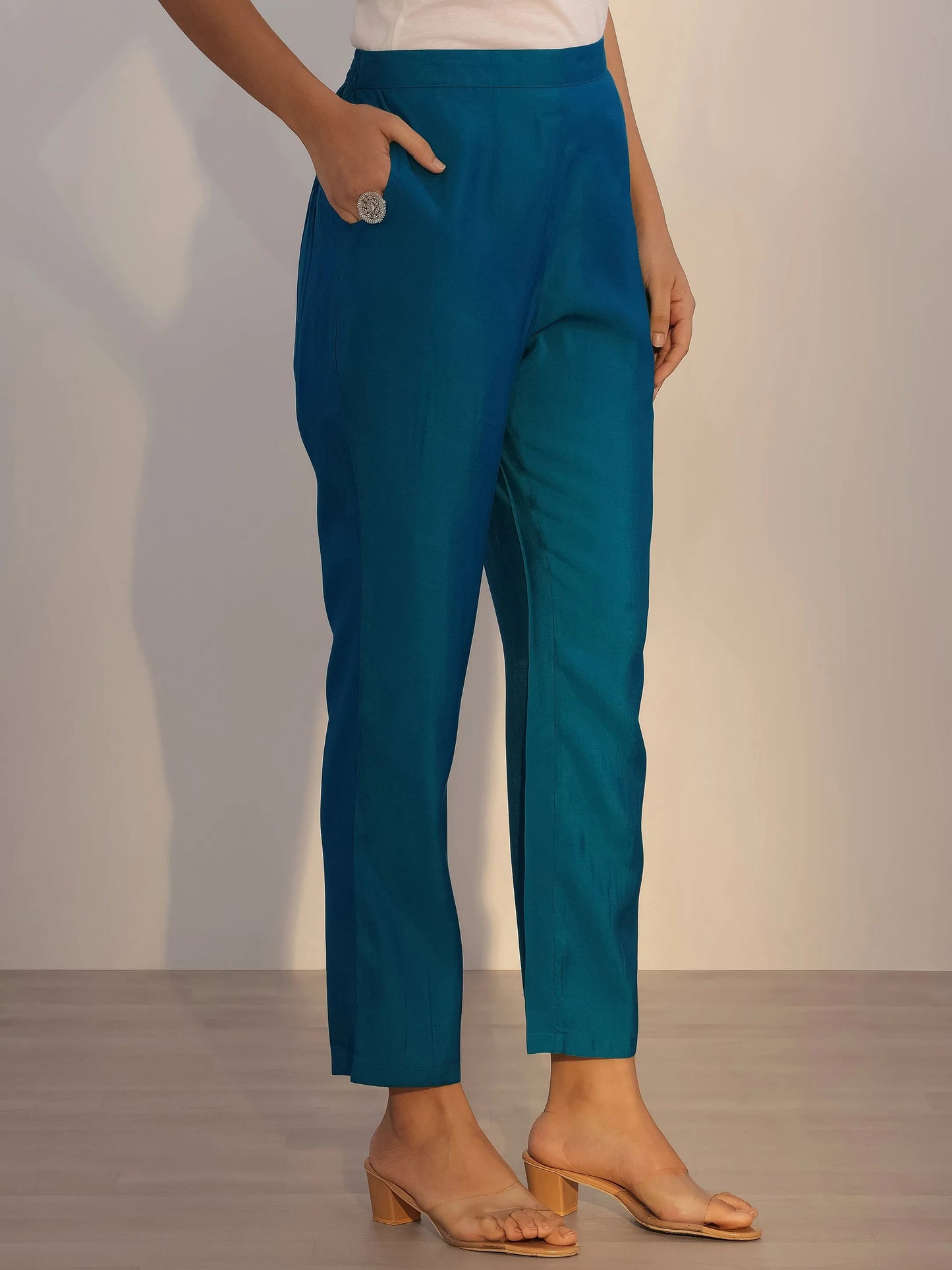 Teal Printed Silk Blend Straight Suit With Dupatta